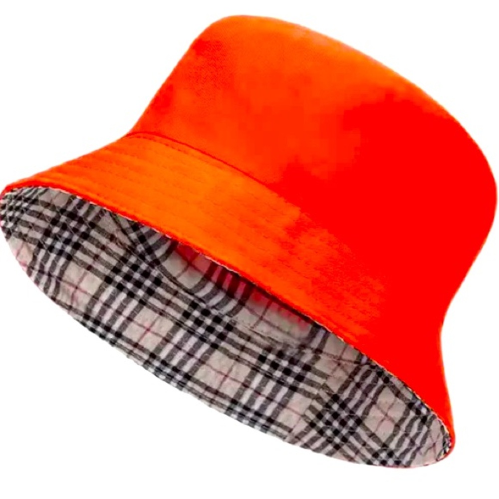 Plaid Bucket Hat with Orange Reversible Lining Bucket Hat